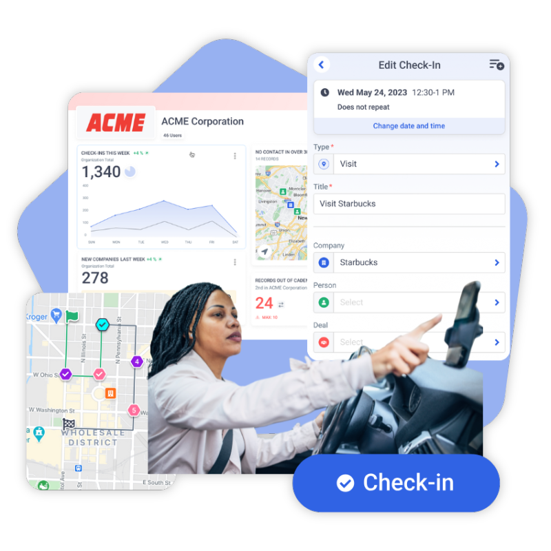 Map My Customers dashboard showing check-ins, activity metrics, and mobile app