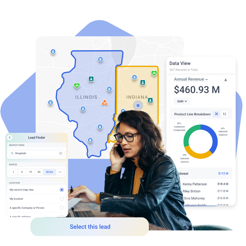 Map My Customers territory view with Lead Finder and Data View showing $460M annual revenue
