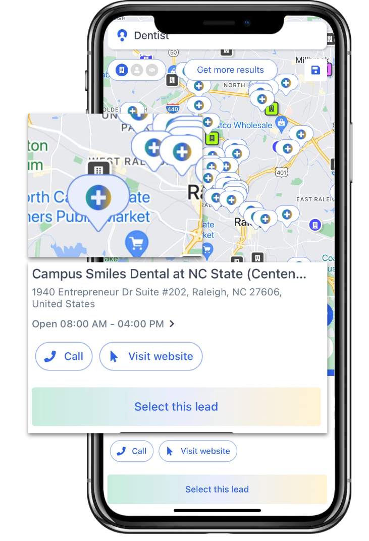 Map My Customers Lead Finder showing dentist accounts on a map