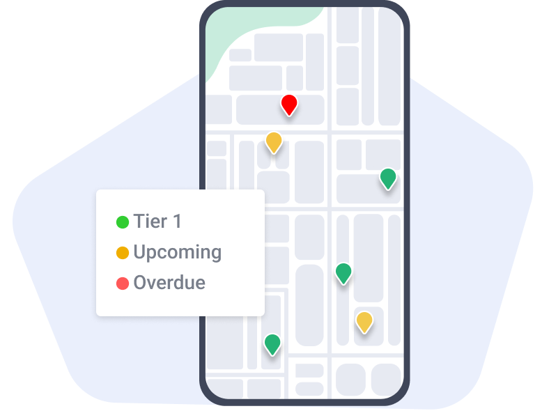 Map My Customers mobile app with color-coded account pins
