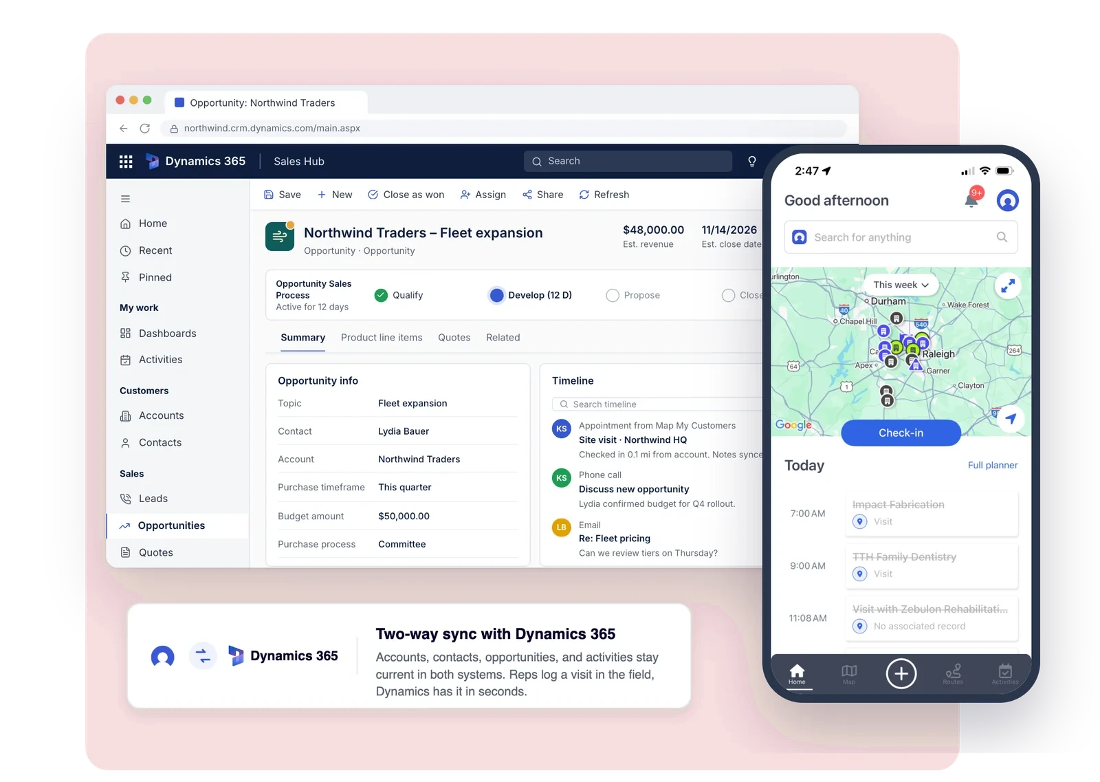 Microsoft Dynamics 365 opportunity record alongside the Map My Customers mobile app, with a callout for two-way sync between Map My Customers and Dynamics 365