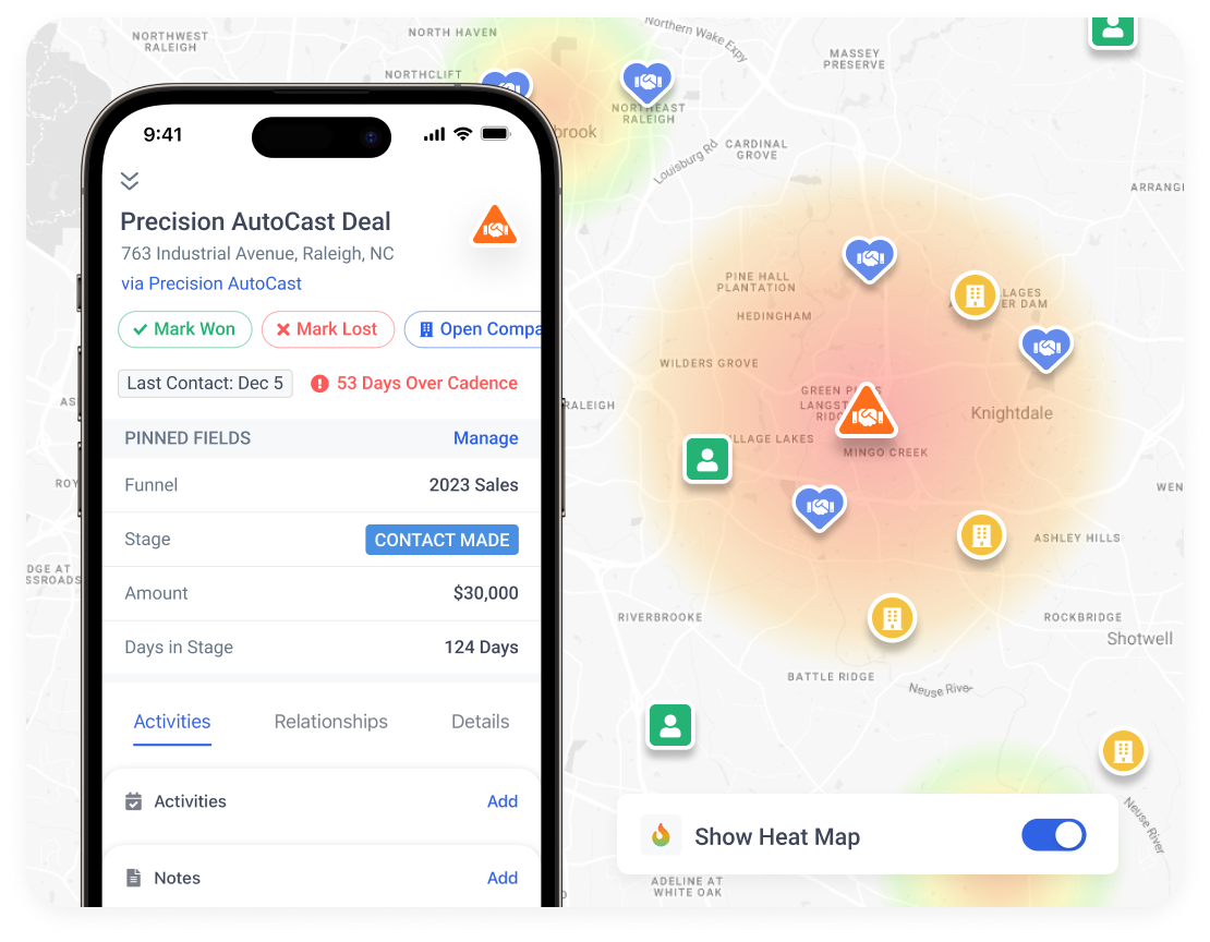 Map My Customers mobile deal view showing an account over cadence, with an account density heat map