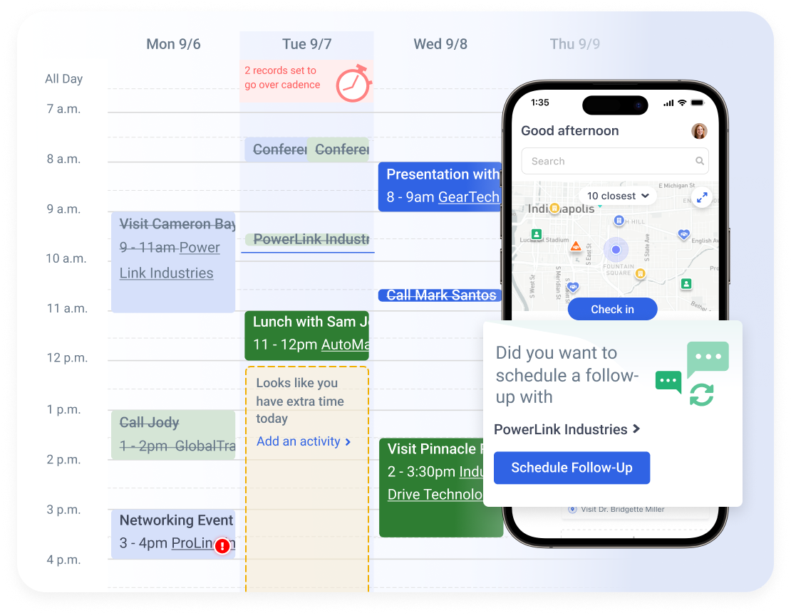Map My Customers planner with scheduled visits and an automatic follow-up suggestion