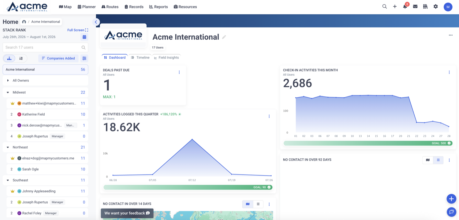 Map My Customers team dashboard with activity, check-in, and goal metrics