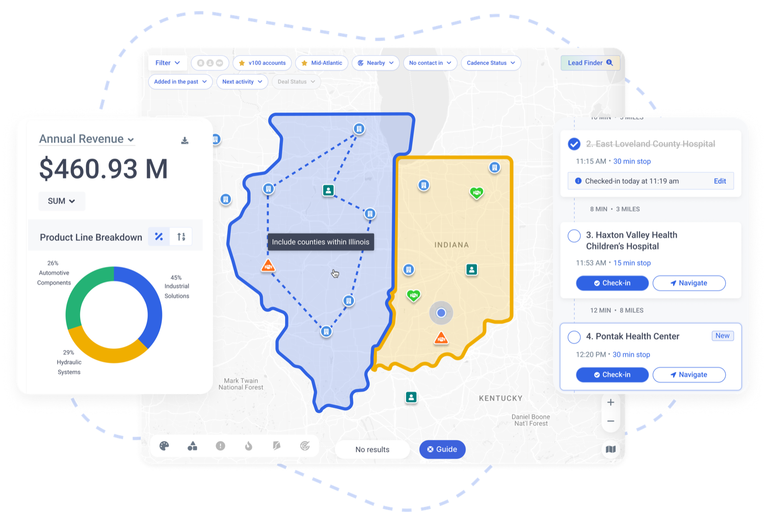 Map My Customers territory view with account mapping, revenue rollups, and an optimized visit route