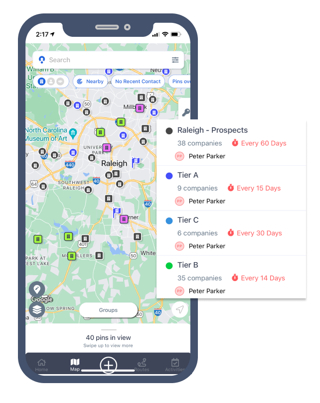 Map My Customers mobile app with territory groups and tiered account cadences