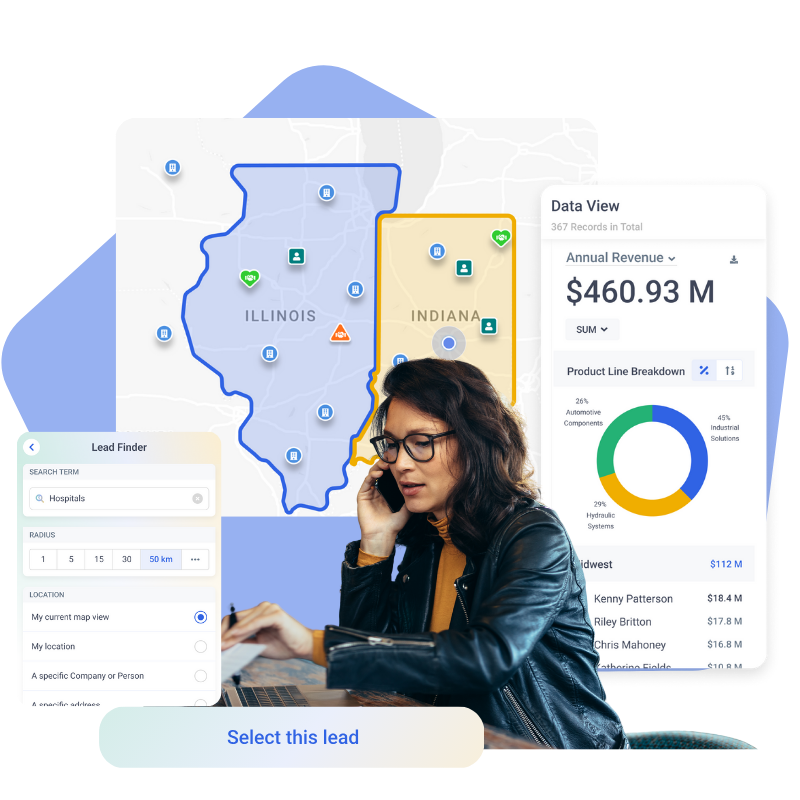 Map My Customers territory view with Lead Finder