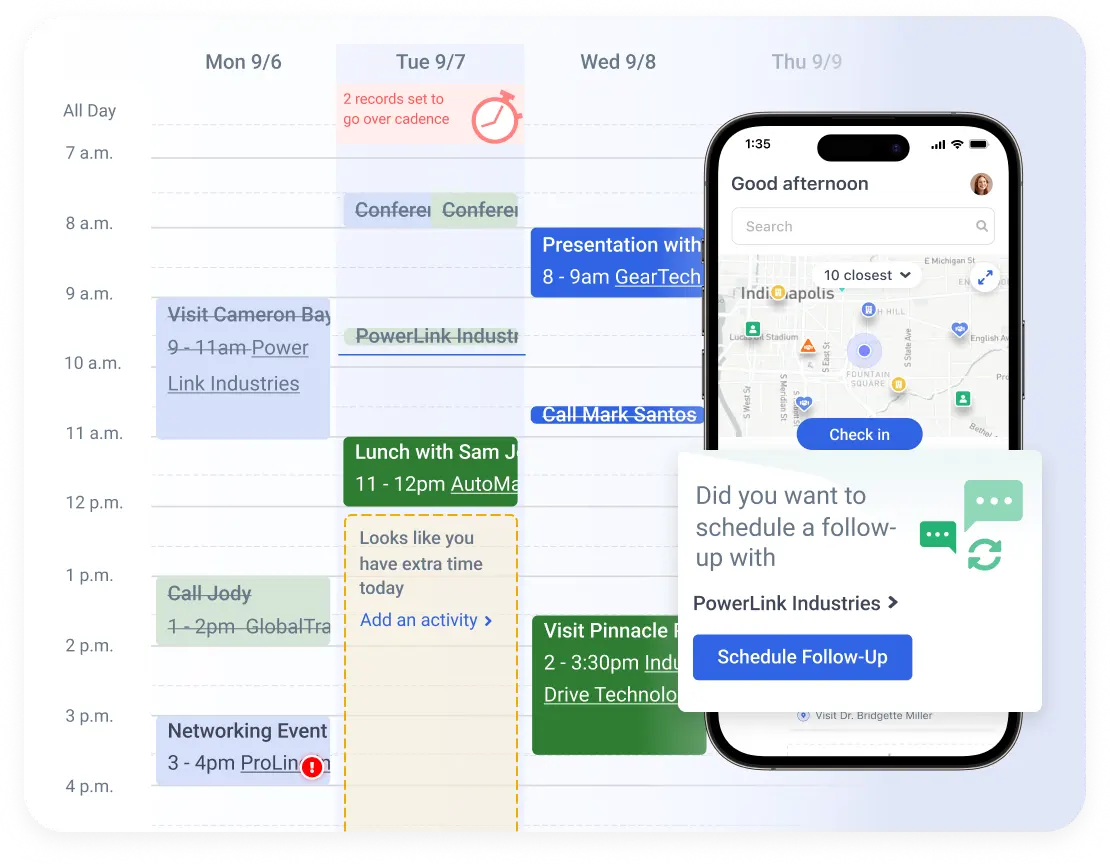 Map My Customers calendar with mobile check-in and follow-up scheduling