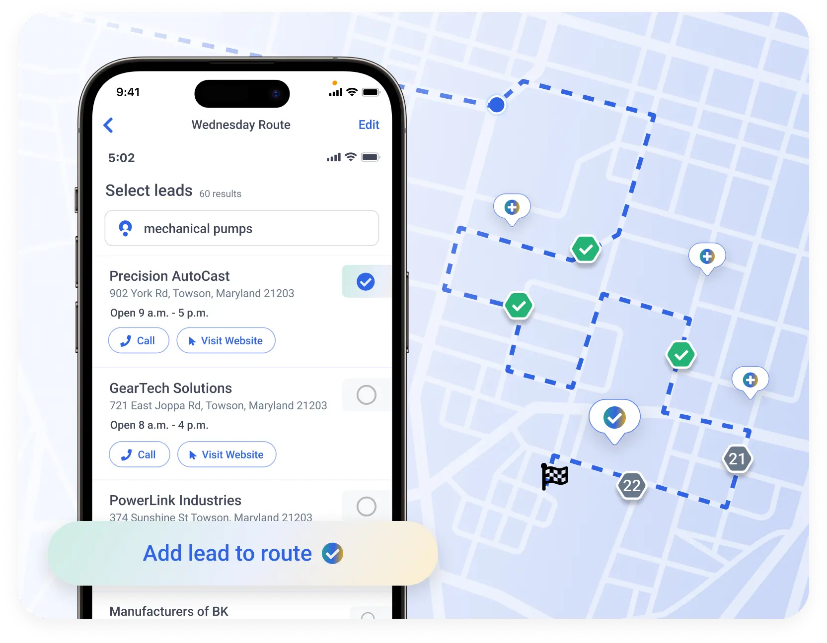Map My Customers Lead Finder with route and lead selection