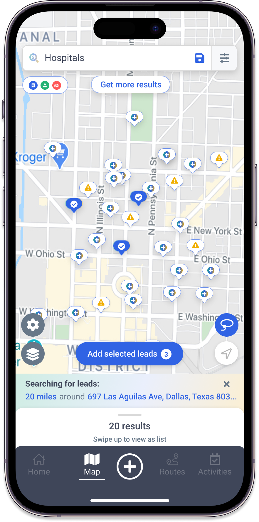Map My Customers app showing hospital locations on map