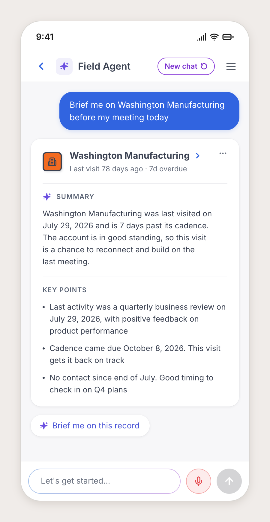AI pre-visit account brief with summary and key points