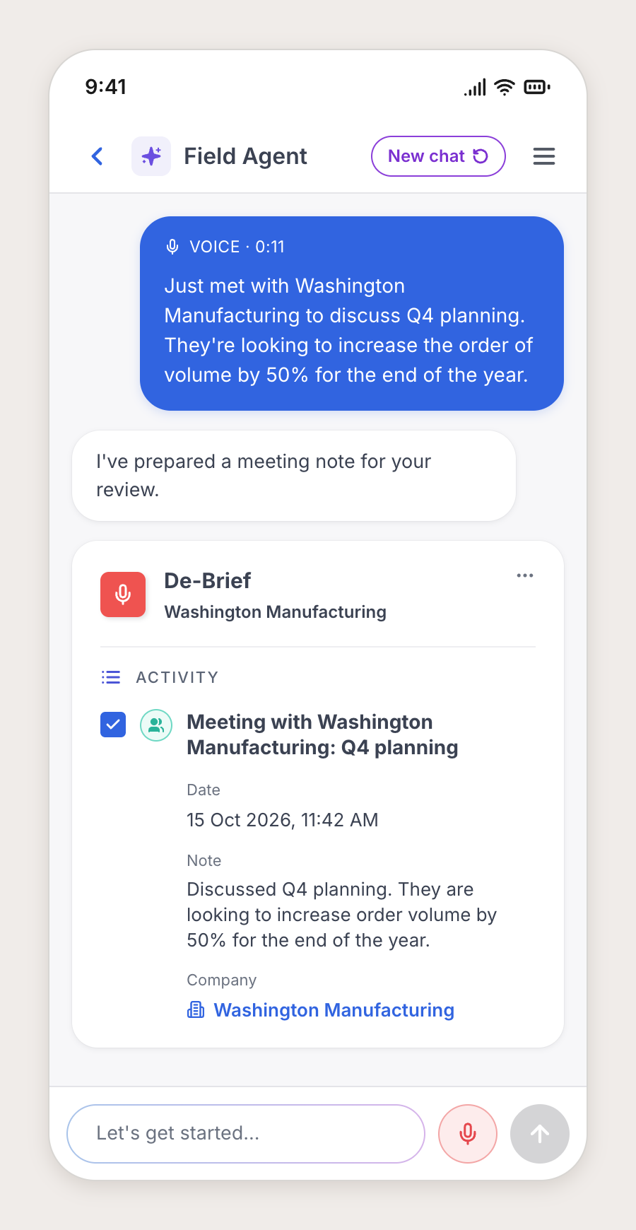 Voice debrief turned into a meeting note logged to the account