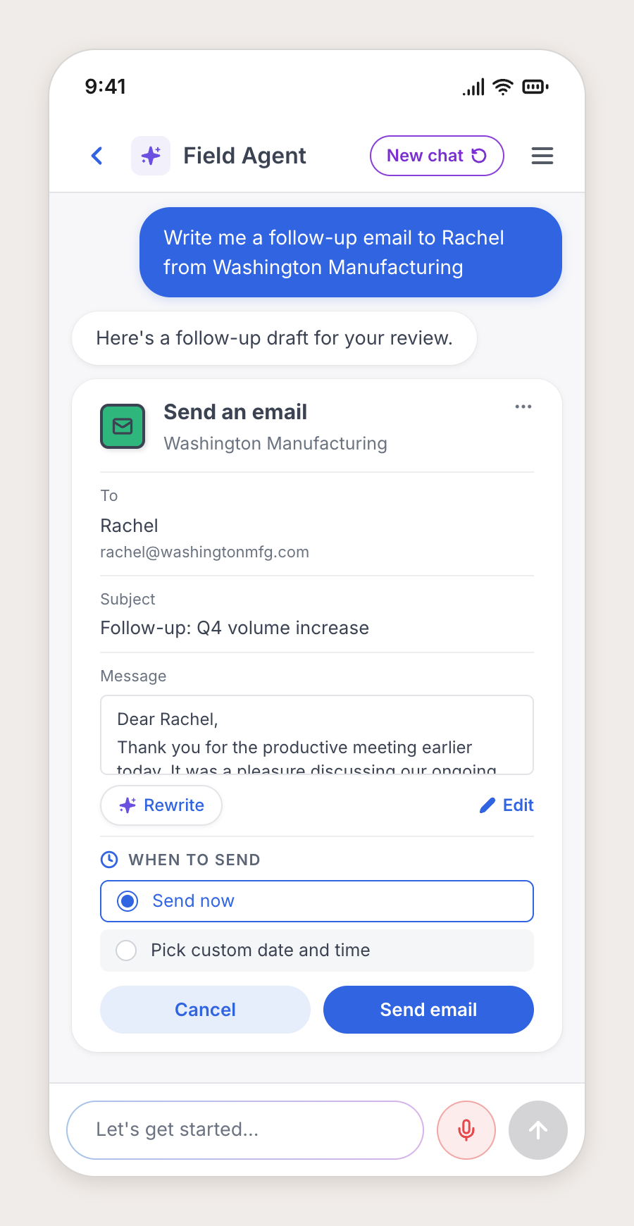AI-drafted follow-up email ready to review and send