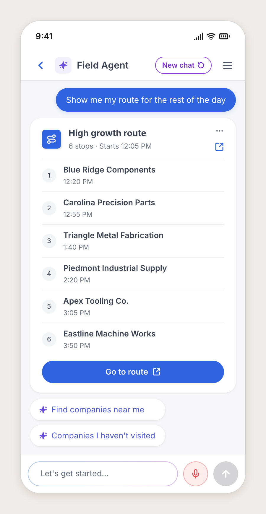 AI-built route with ordered stops for the rest of the day