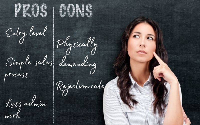 Woman thinking in front of a list of pros and cons of door-to-door sales