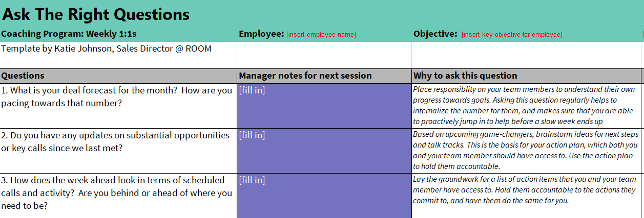 Sales coaching template with intentional questions and note-taking features