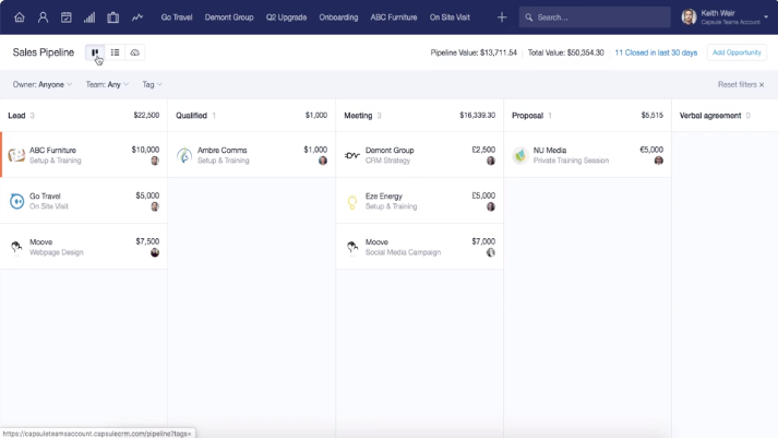 Capsule CRM pipeline interface