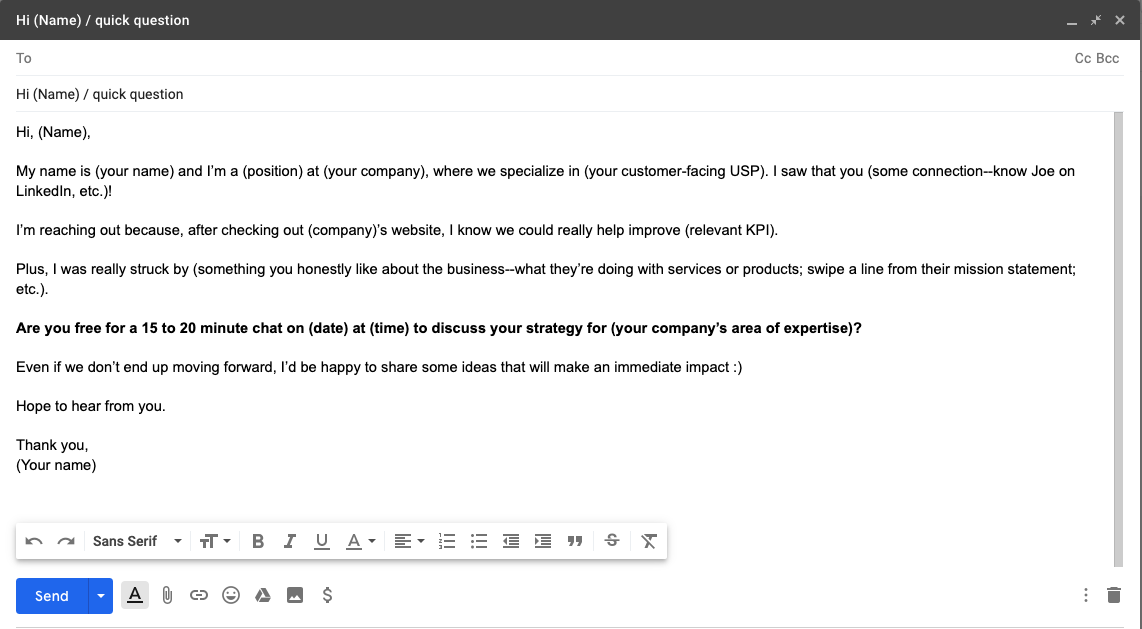 Cold outbound email template example