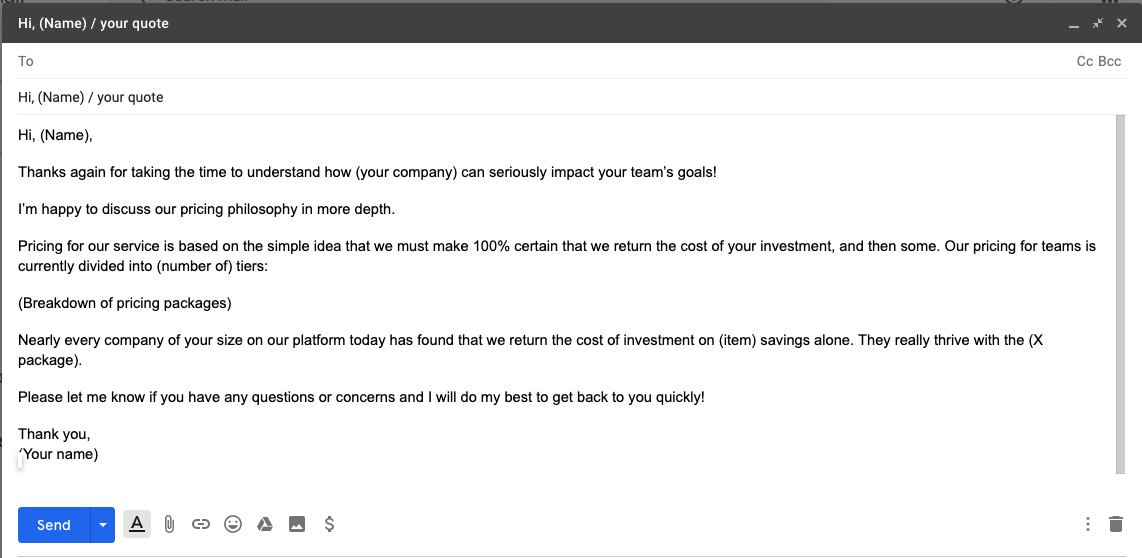 Pricing discussion email template