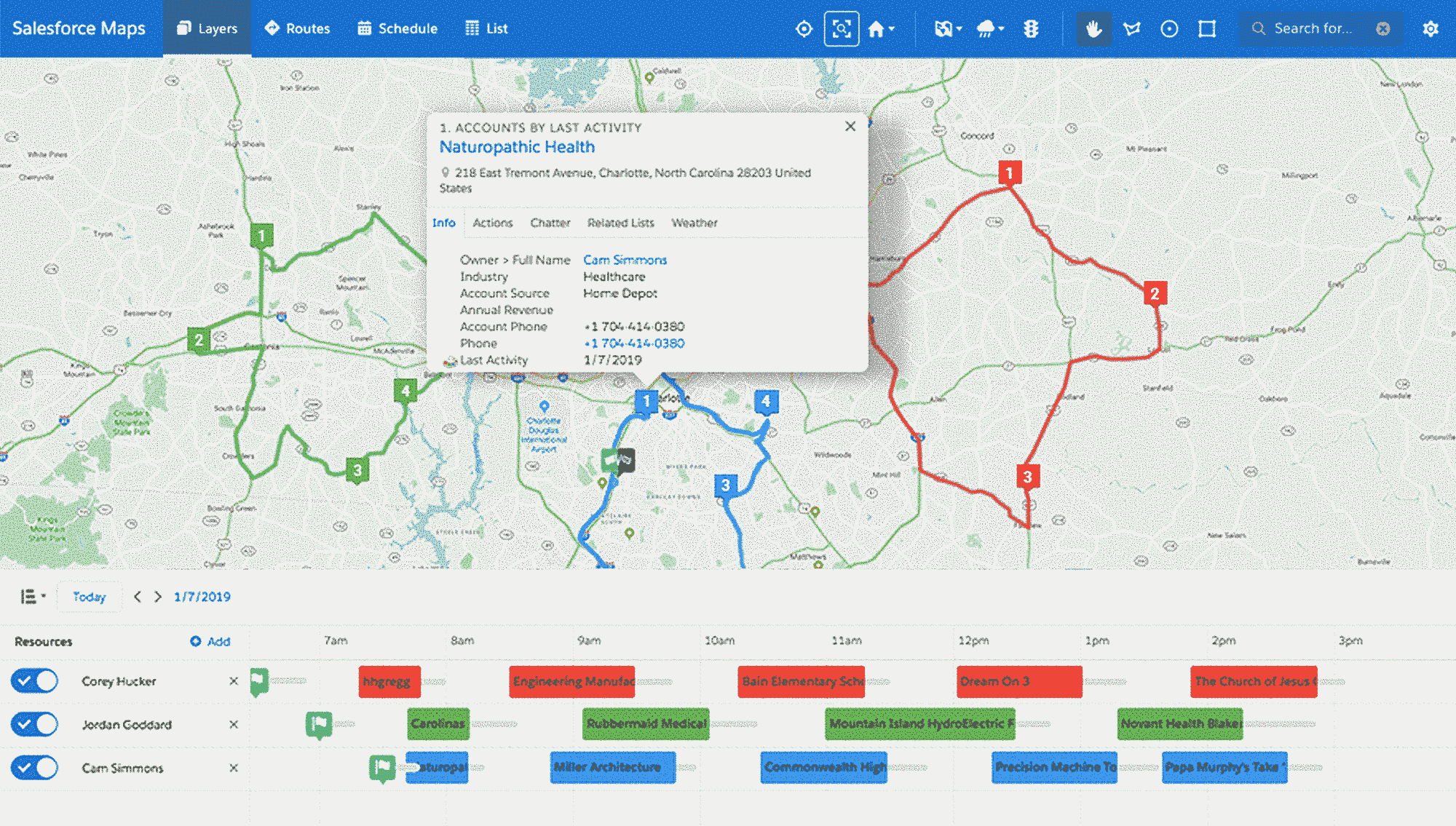 Salesforce Maps interface showing territory and route management