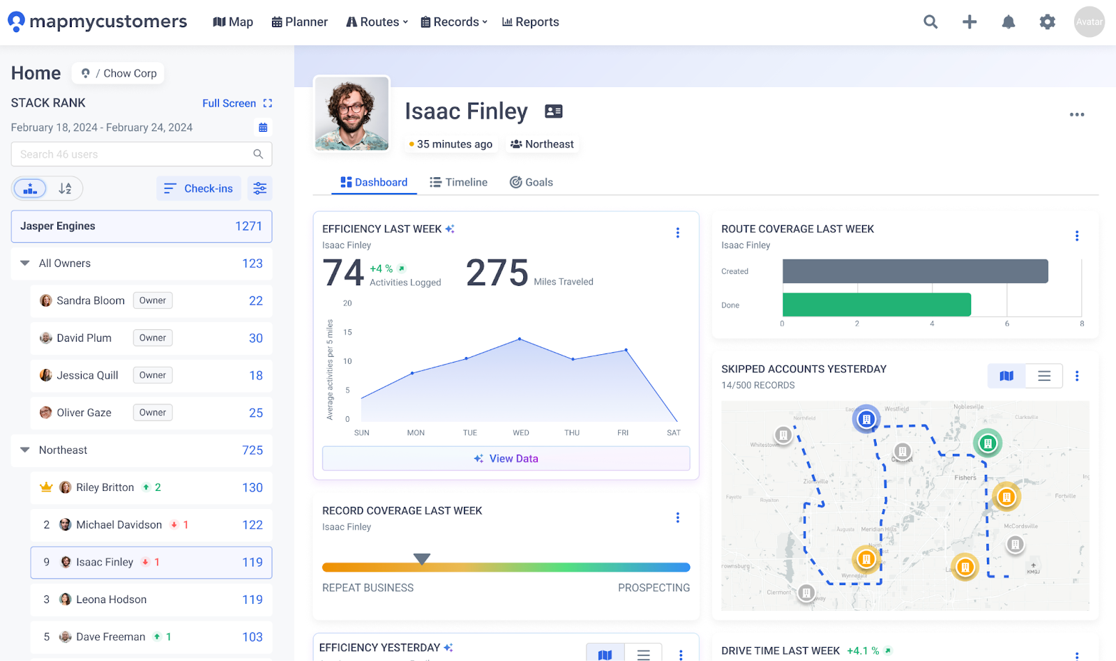Route coverage and skipped accounts map