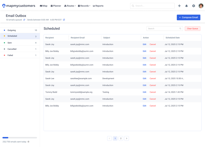 Email outbox with scheduled, sent, and failed email tracking