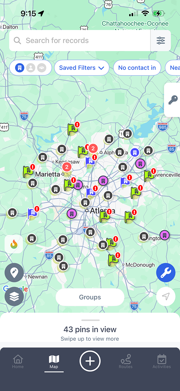 Account segmentation map view with color-coded pins
