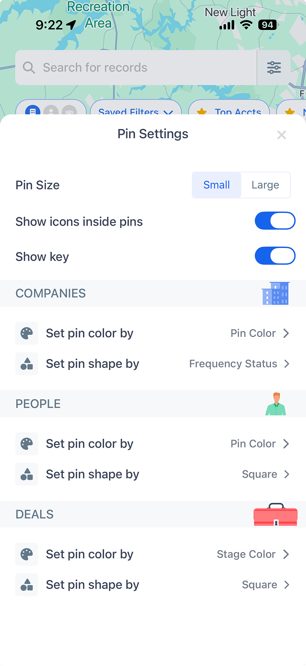 Pin legends showing color-coded account segments on the map