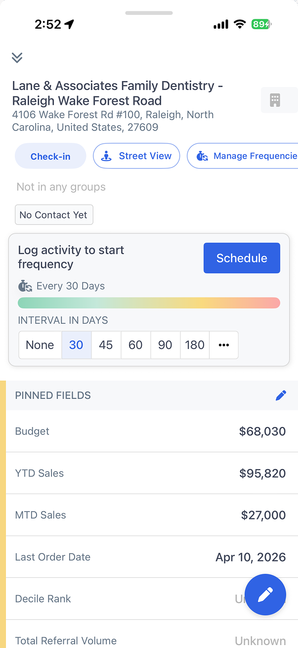 Check-ins displayed on company record page