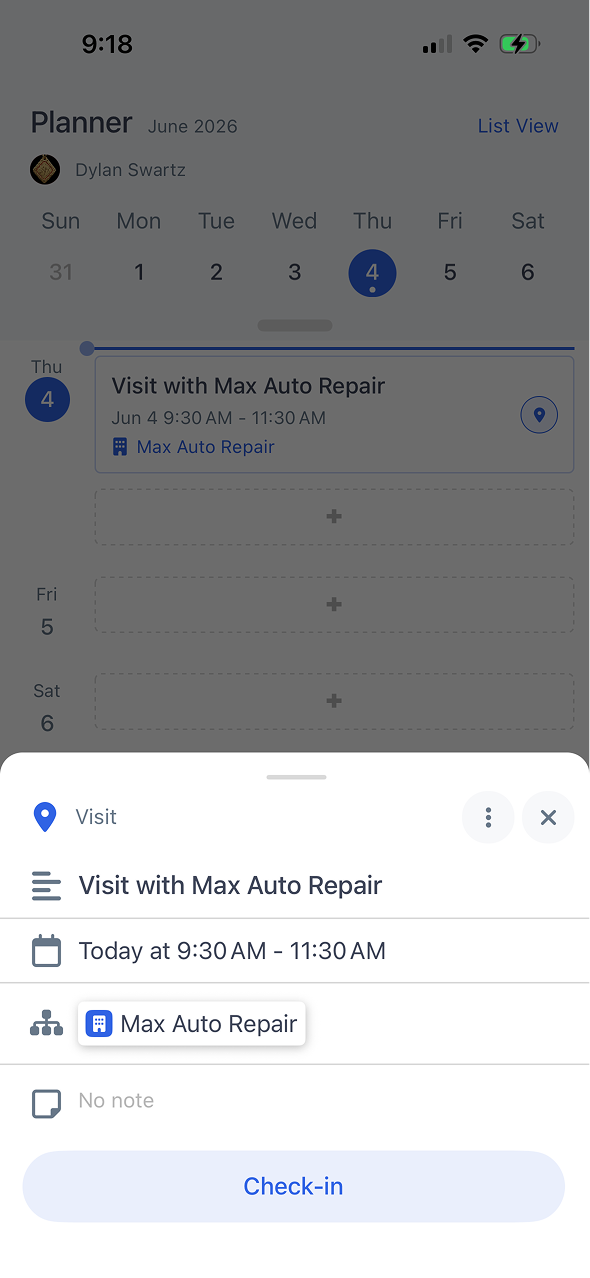 Check-in details with timestamp and visit notes
