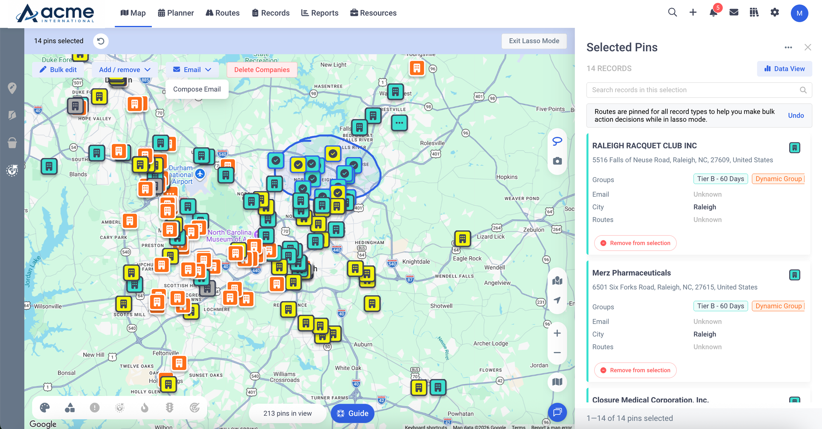 Lasso selection tool for choosing bulk email recipients on the map