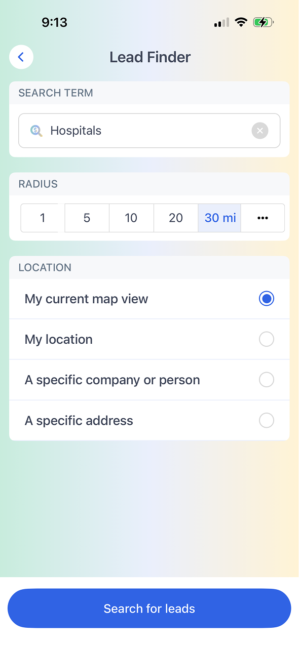 Lead Finder search results with prospect details