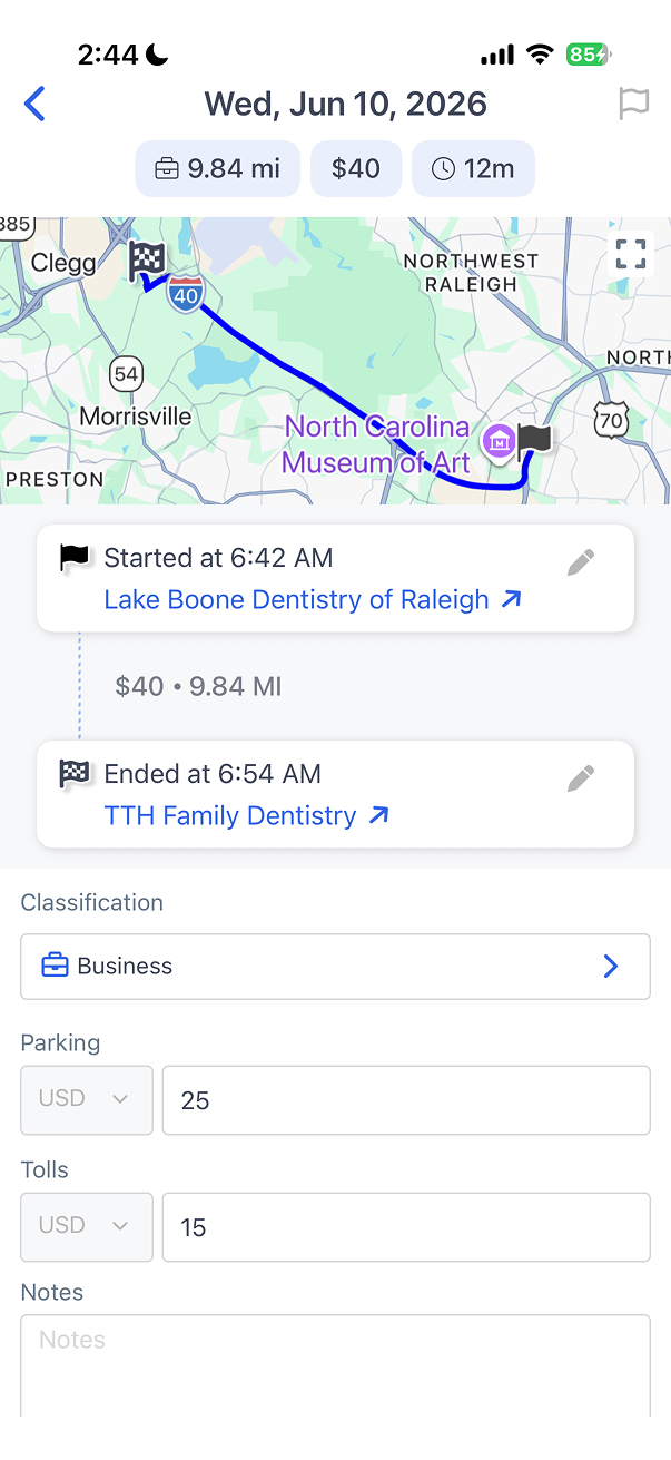 Mileage tracking trip detail with map route