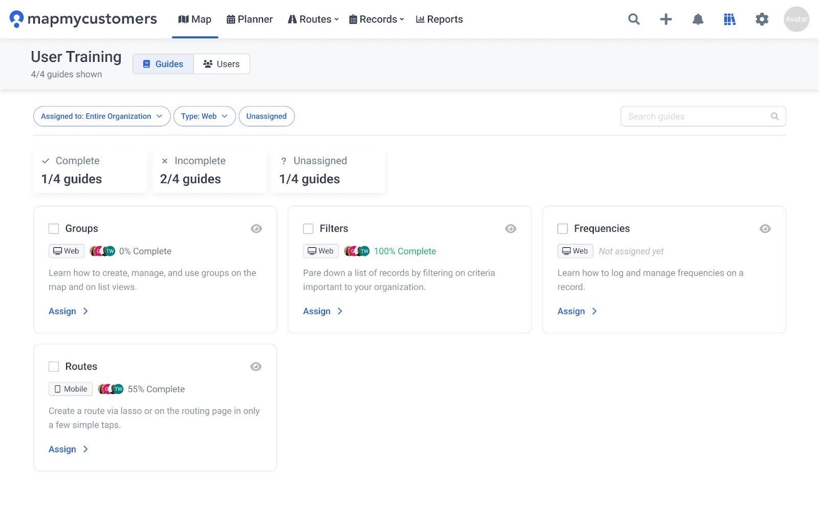 Training guide library: Groups, Filters, Frequencies, and Routes modules with completion tracking