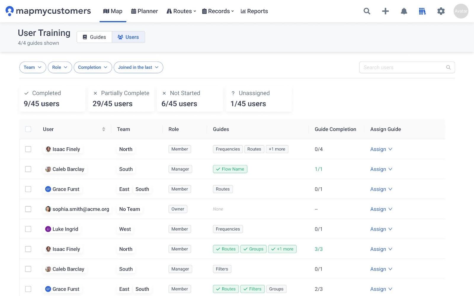 User training dashboard: per-rep completion status with team and role filters