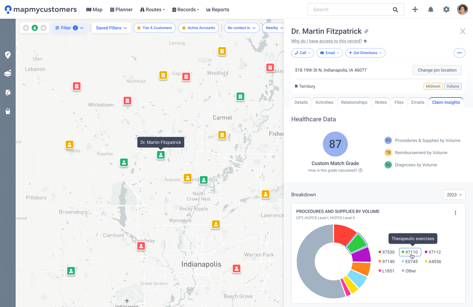 Healthcare claims data with provider match grade and procedure breakdown