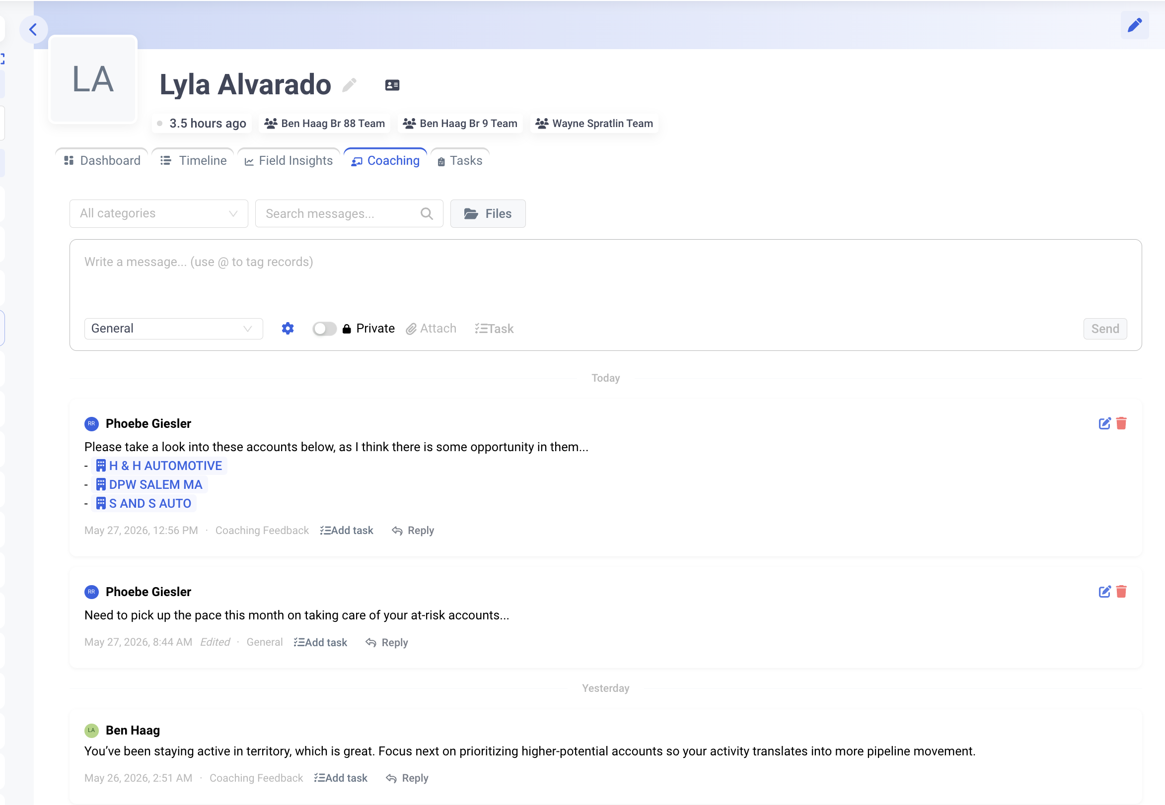 Rep Coaching and 1-on-1 workspace in Map My Customers