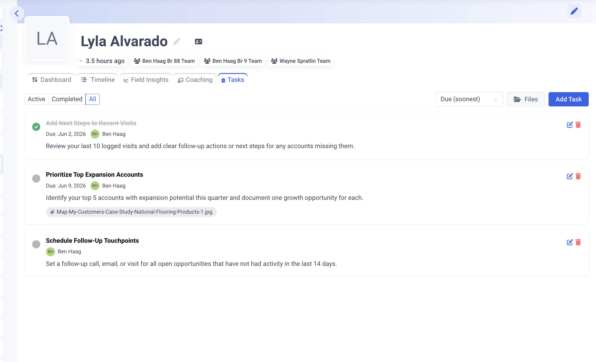 Tasks tab: assigned coaching tasks with due dates, descriptions, and completion status