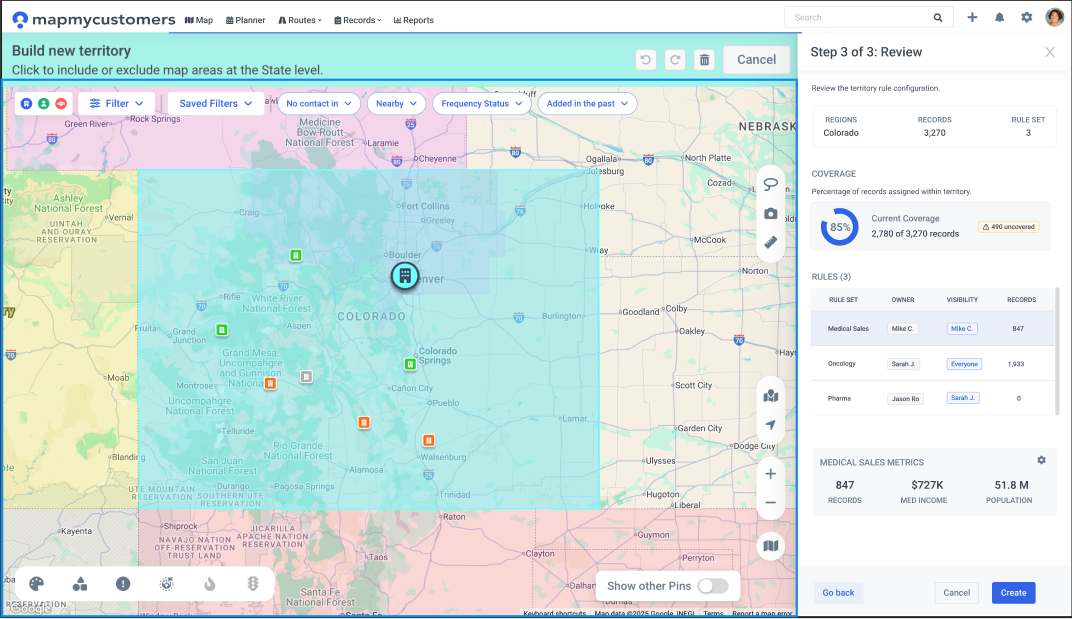 Territory management view with drawn territories, workload balancing, and density heatmap